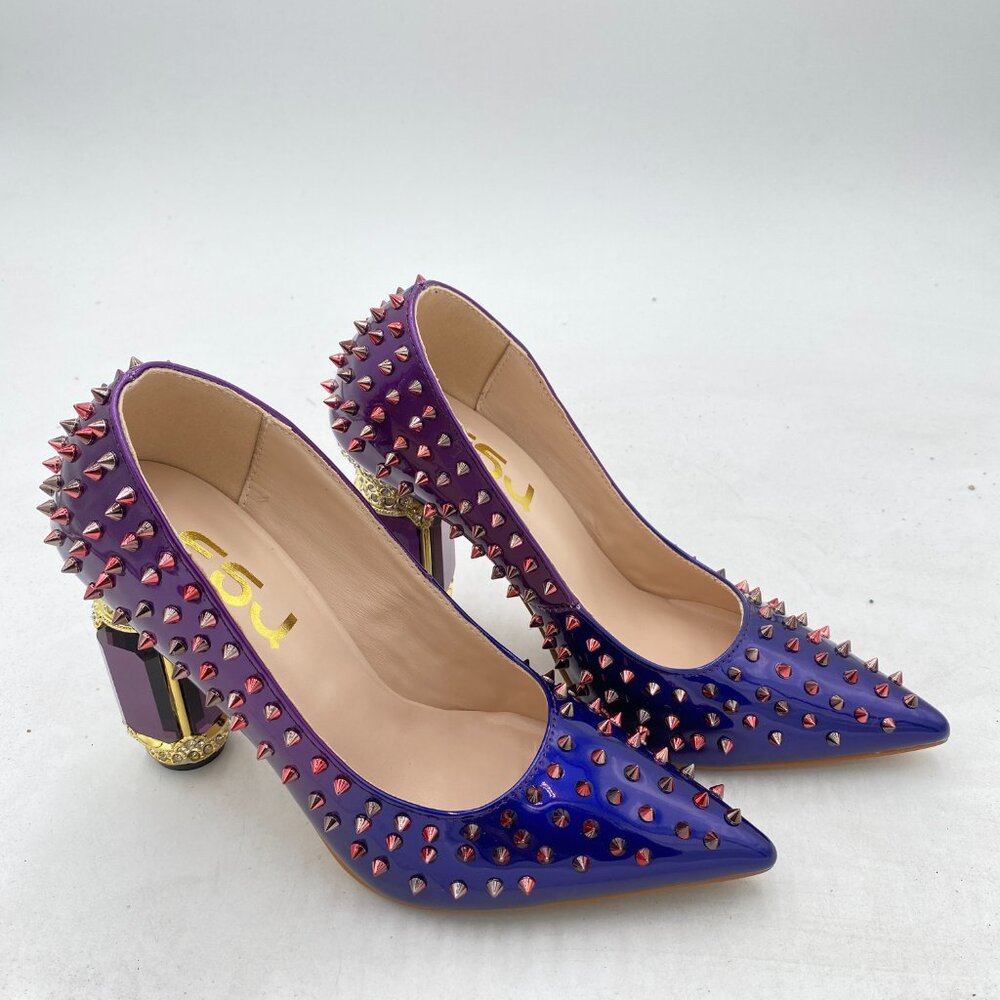 FSJ Blue Purple Rivets Bridal Pointed Toe Chunky Heel Crystal Pumps Dress Shoes - Picture 4 of 8